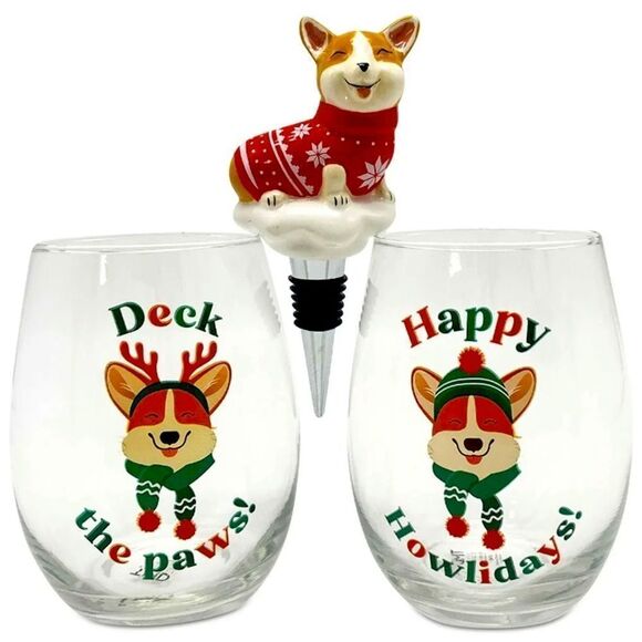 Perfect Gift,TMD Holdings Corgi BottleStopper & 2 Stemless Wine Glasses … - Picture 1 of 2